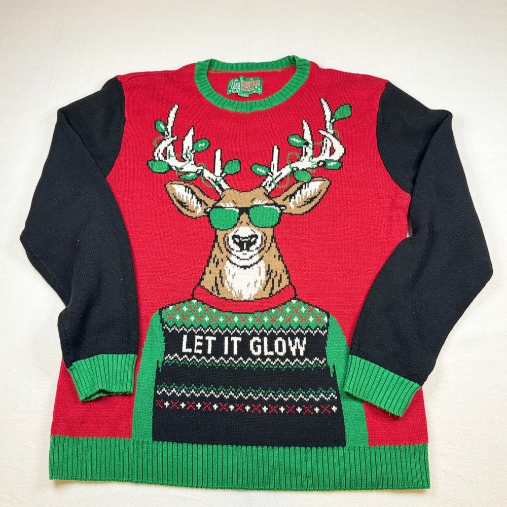 Ugly Christmas Sweater Reindeer Let It Glow Red Black Green XL Pullover Holiday